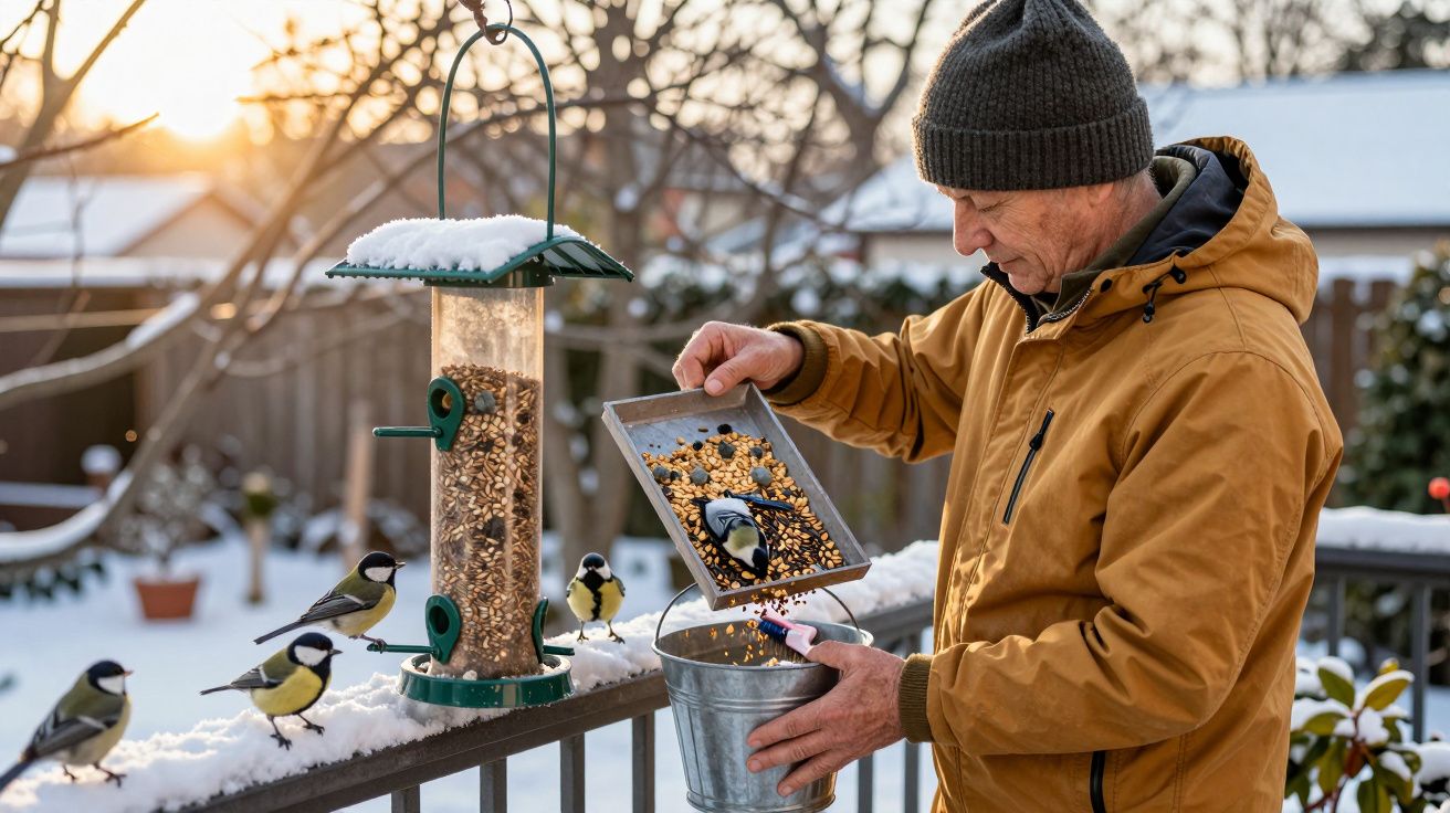 Homem alimenta pássaros na neve durante o pôr do sol com comedouro cheio de sementes.