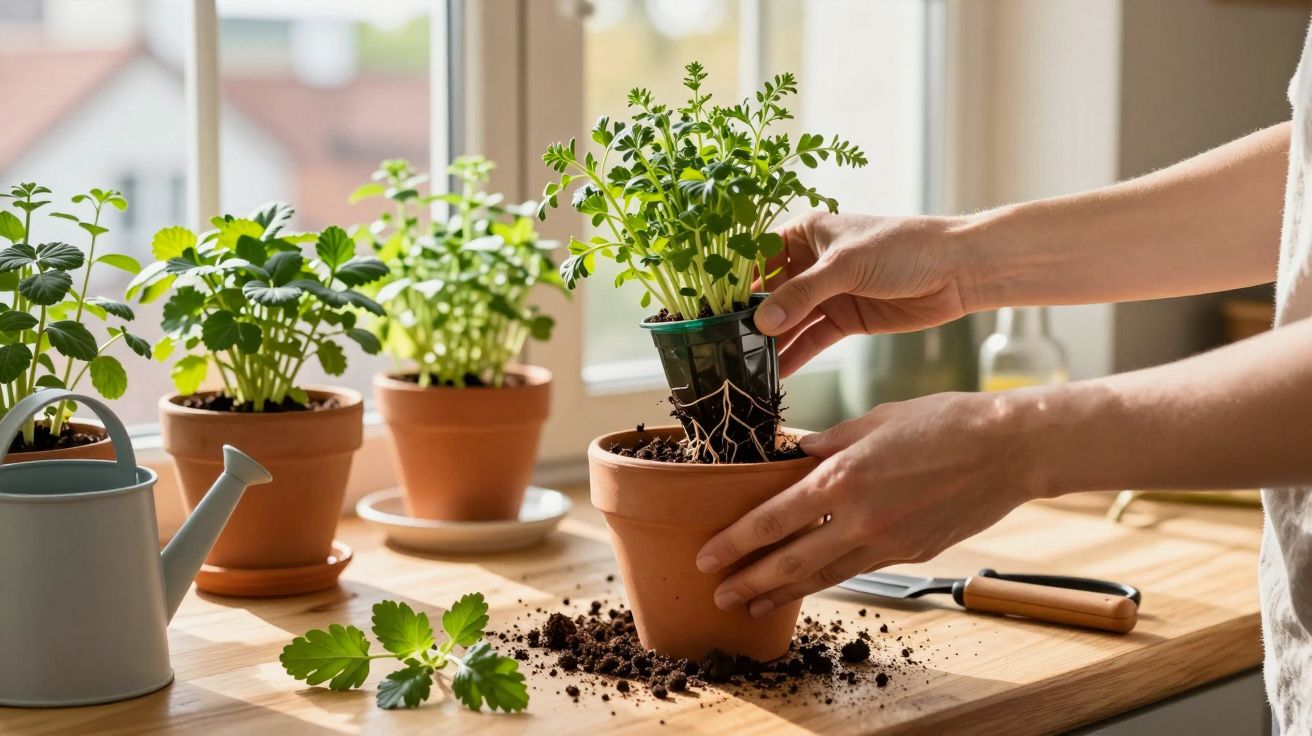Pessoa a transplantar planta em vaso de barro numa cozinha iluminada pela janela.