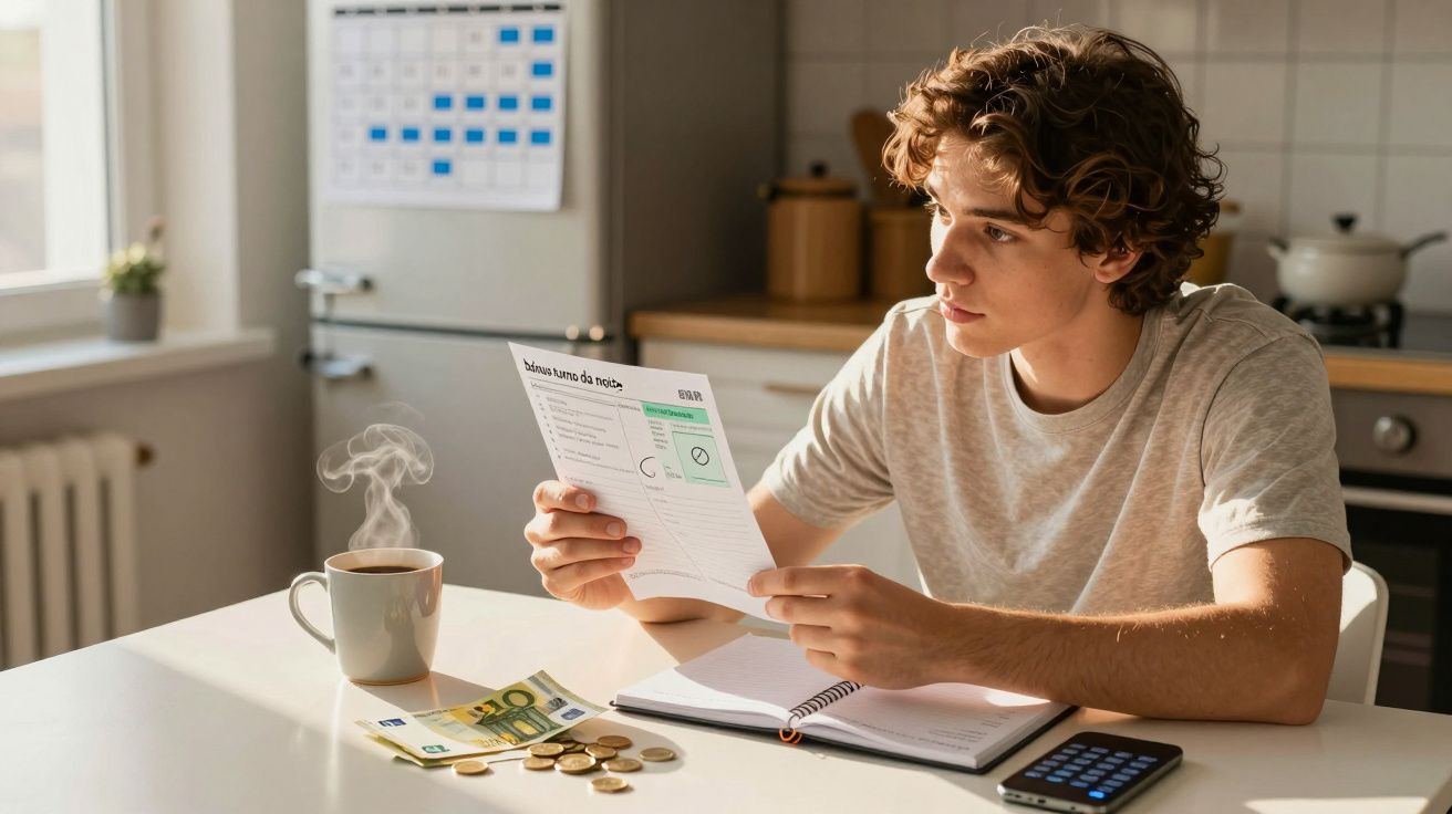 Jovem sentado à mesa a analisar uma fatura com dinheiro, calculadora e café fumegante à sua frente.