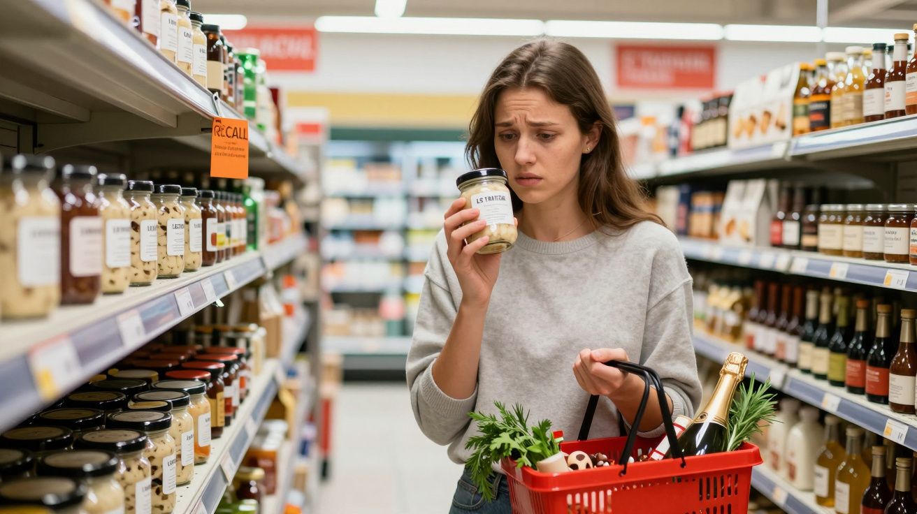 Mulher em supermercado olhando com dúvida rótulo de frasco enquanto segura cabaz com compras.
