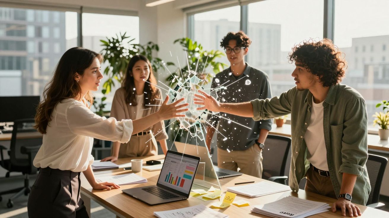 Quatro jovens em escritório moderno tocam com as mãos um gráfico digital à frente de um computador portátil.