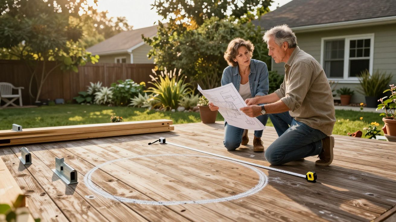 Casal trabalha em projecto de construção numa plataforma de madeira no jardim de uma casa.