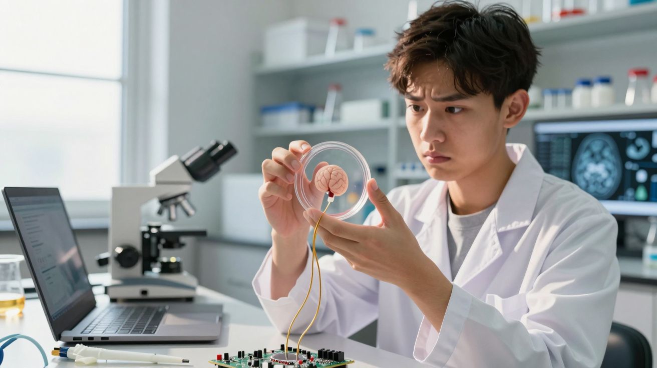 Cientista jovem a examinar um modelo de cérebro ligado a um circuito eletrónico num laboratório moderno.
