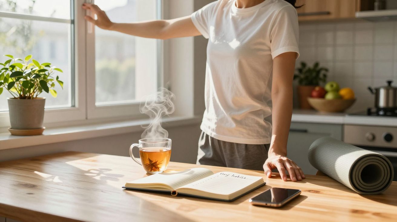 Pessoa a abrir janela numa cozinha iluminada com chá quente, agenda, telemóvel e tapete de yoga numa mesa de madeira.