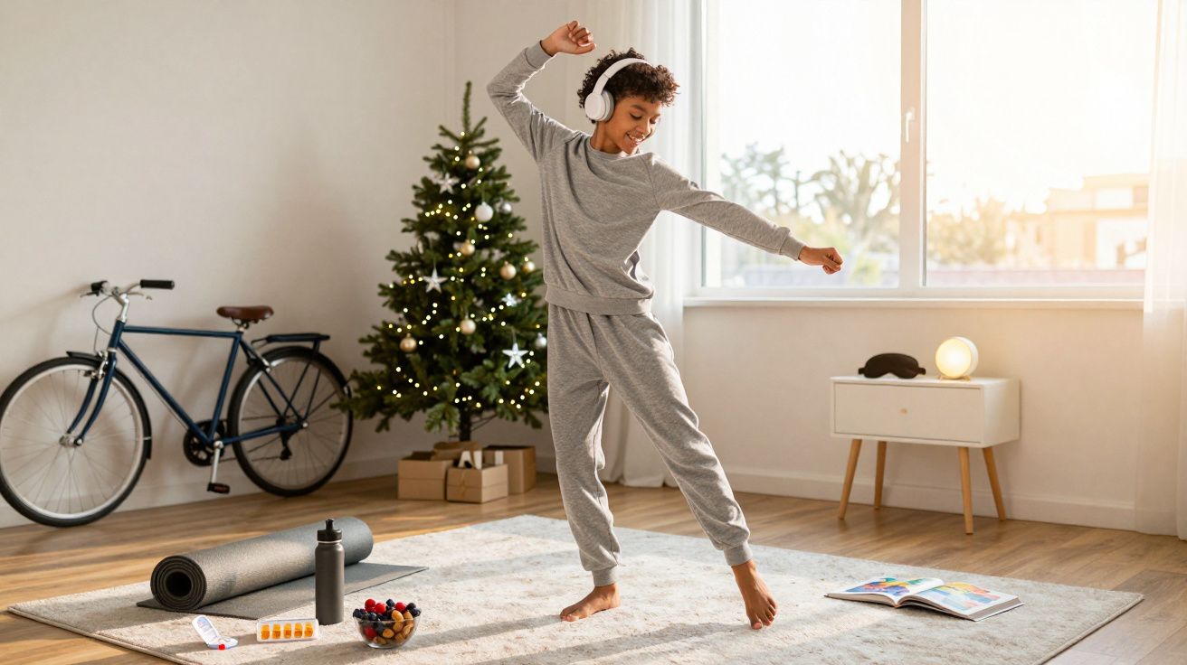 Jovem a dançar com auscultadores numa sala decorada com árvore de Natal, bicicleta e tapete cinzento.