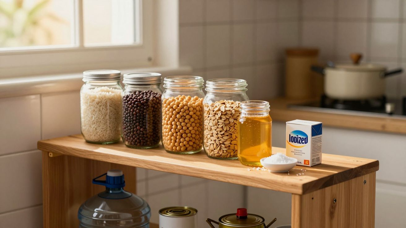 Frascos de vidro com arroz, feijão, grão, aveia, mel, sal e caixa de sal iodizado numa prateleira de cozinha.