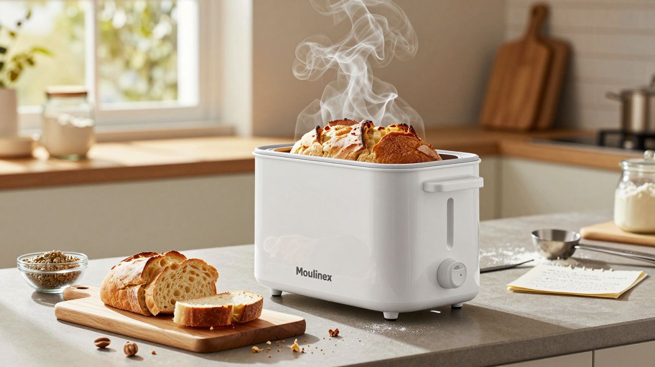 Torradeira branca a tostar pão fresco fumegante numa bancada de cozinha moderna.