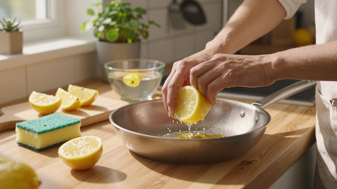 Pessoa a espremer limão sobre uma frigideira numa cozinha iluminada a luz natural.