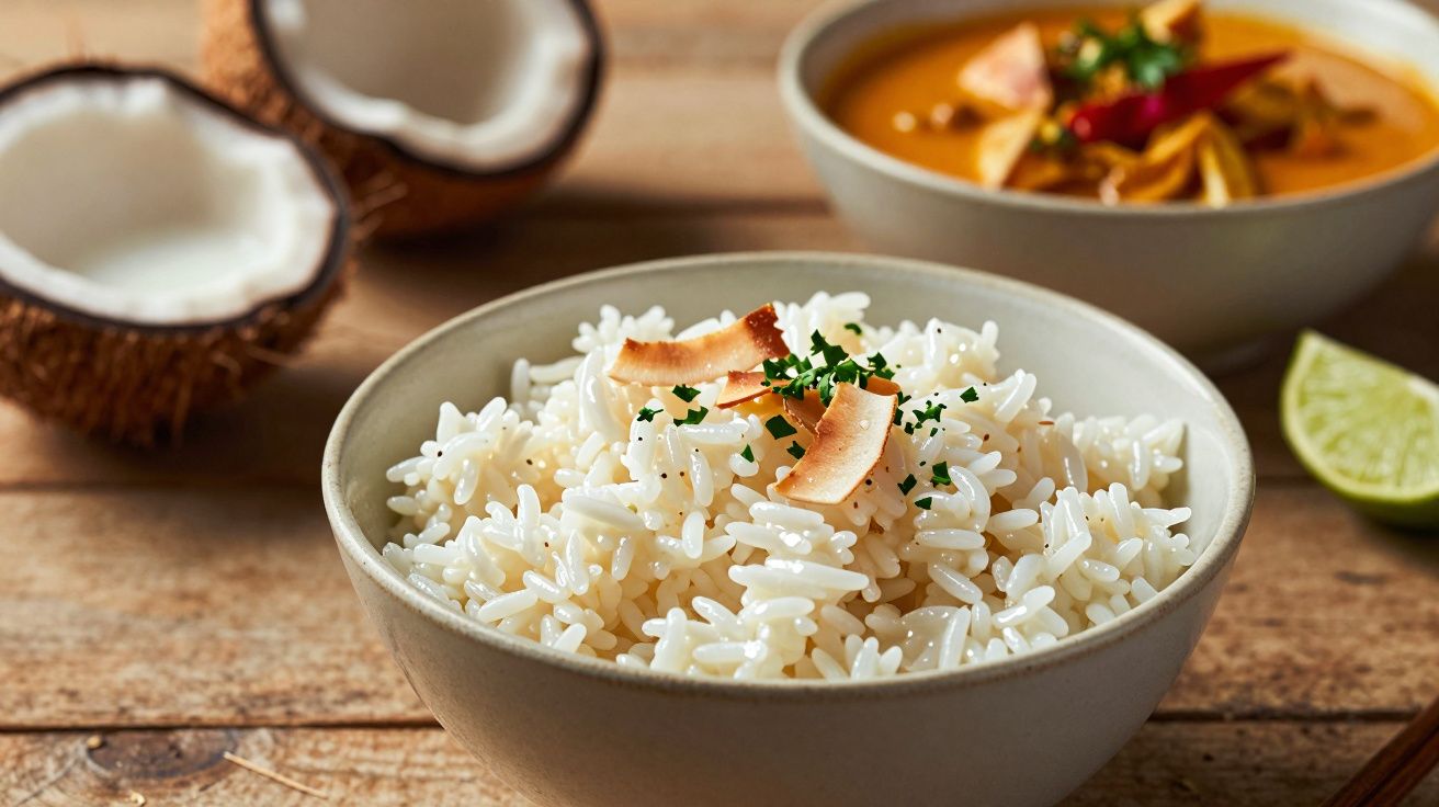 Tigela de arroz branco com lascas de coco e ervas, com coco partido e sopa ao fundo numa mesa de madeira.