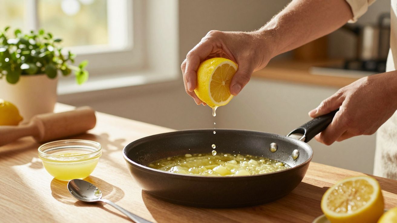 Pessoa a espremer limão numa frigideira com ingredientes num ambiente de cozinha acolhedora.