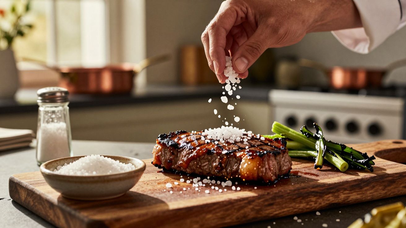 Mão a salpicar sal grosso num bife grelhado com espargos verdes num tábua de madeira na cozinha.