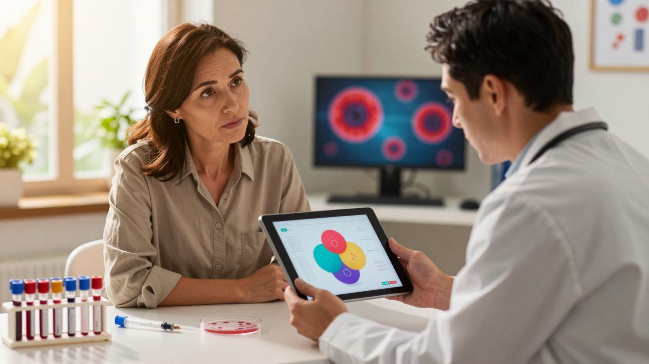 Médico apresenta resultados de análises a paciente numa consulta num consultório iluminado.