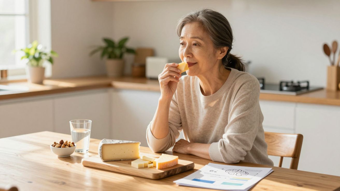 Mulher sénior a saborear queijo sentada à mesa com documentos, copo de água e frutos secos na cozinha luminosa.
