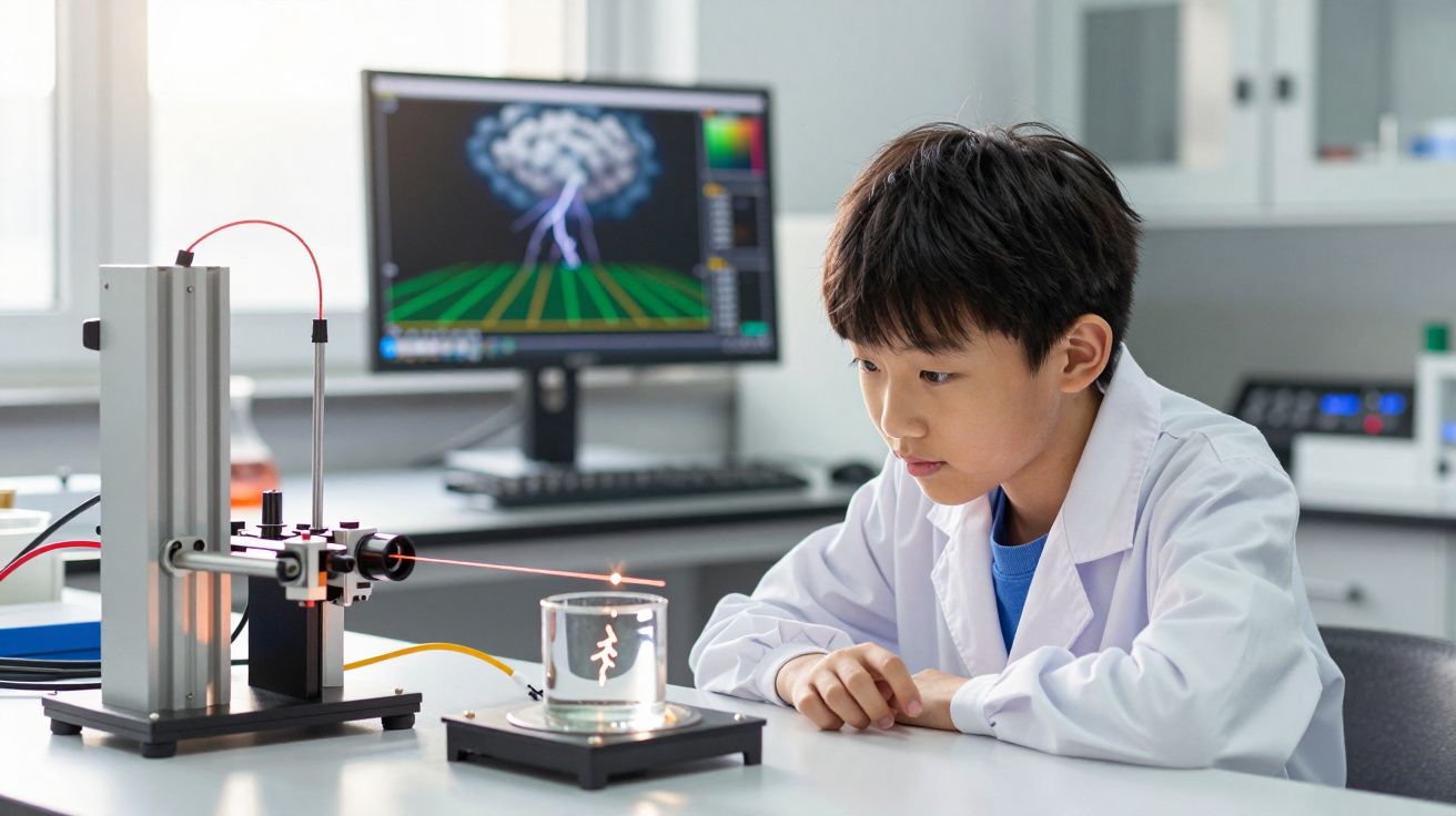 Criança com bata branca observa experimento científico com laser num laboratório moderno.