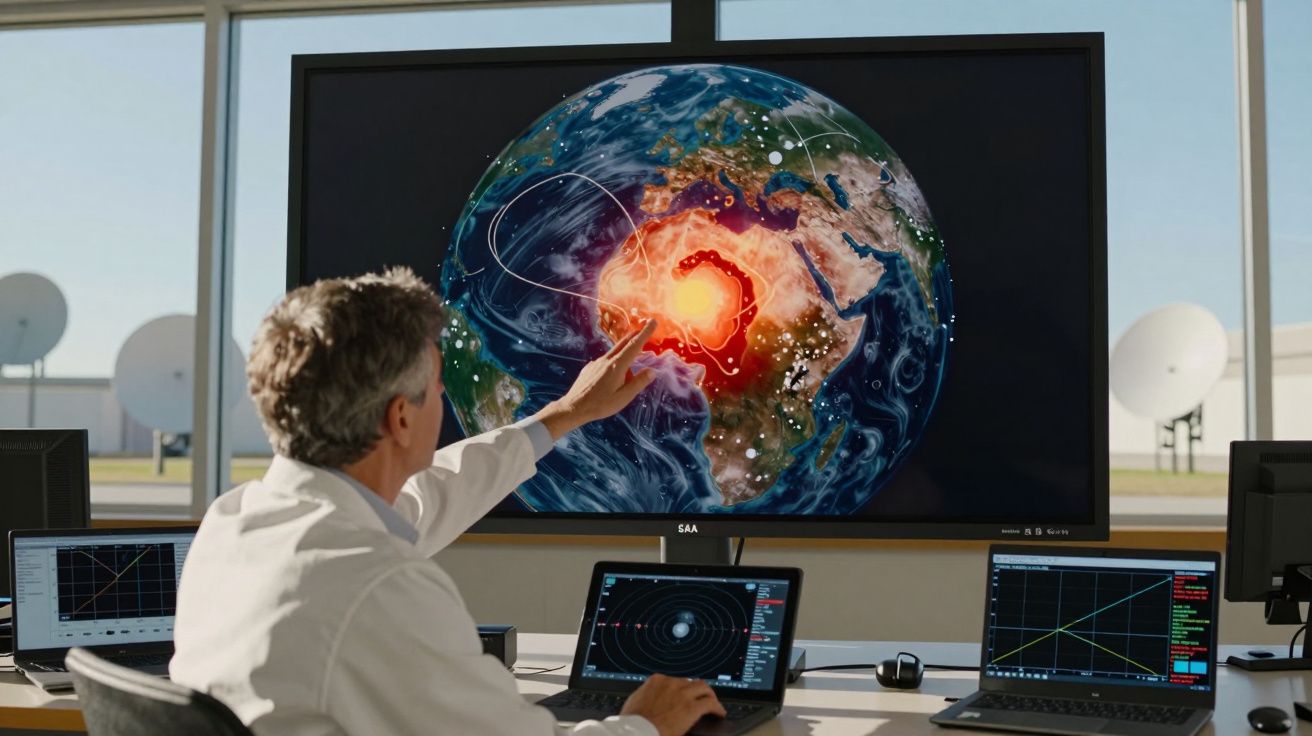 Homem numa sala de controlo aponta para um ecrã com imagem digital da Terra e focos de calor em África.