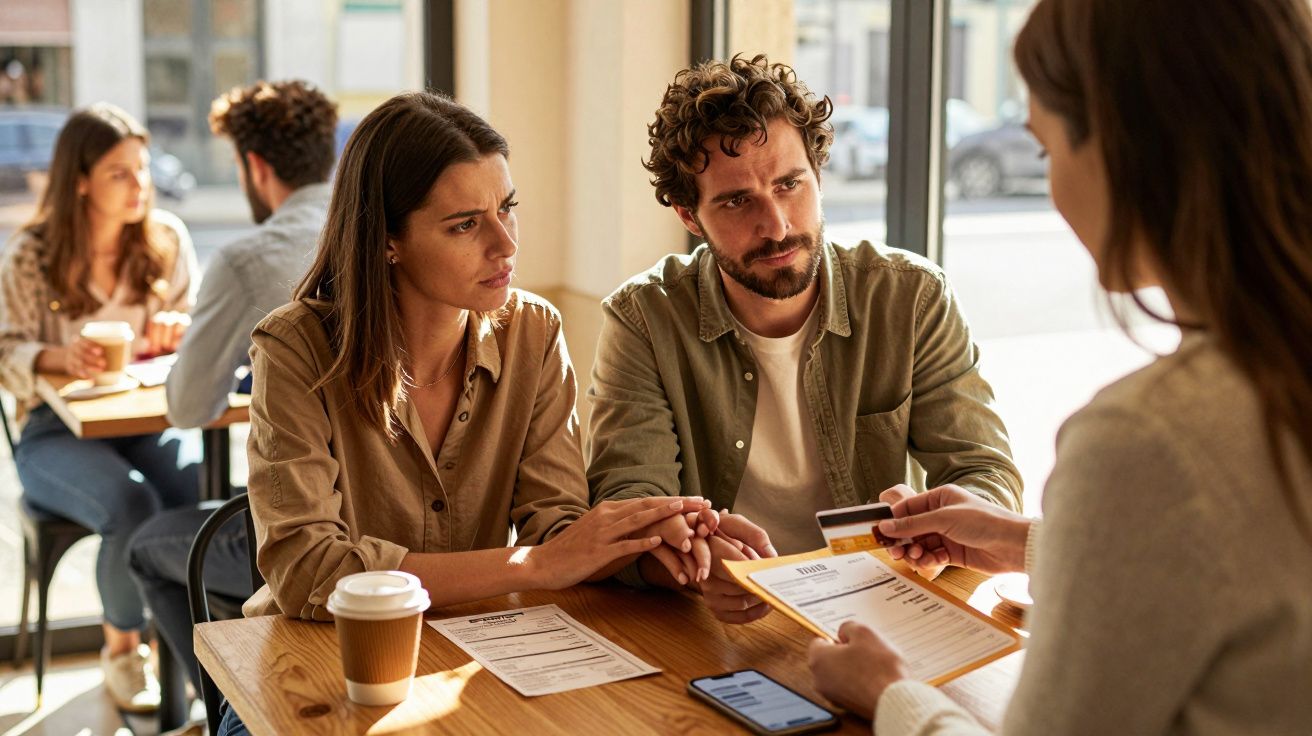 Casal preocupado entrega cartão de crédito a funcionária numa cafetaria, com menu e café na mesa.