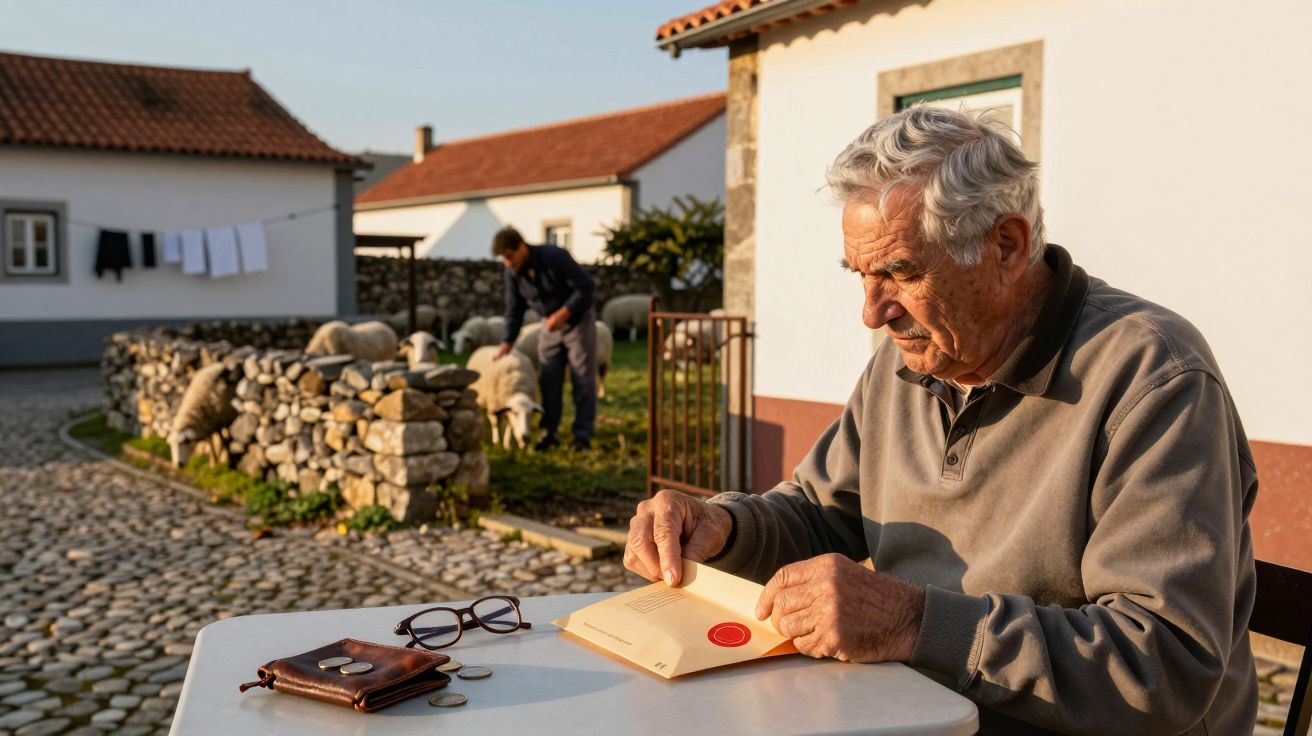 Homem idoso a ler uma carta sentado numa mesa ao ar livre em aldeia com ovelhas e pessoa ao fundo.