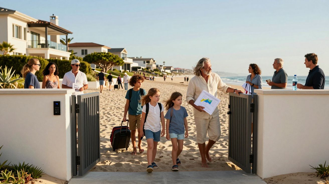 Família a entrar na praia por um portão aberto, com casas de luxo ao fundo num dia ensolarado.