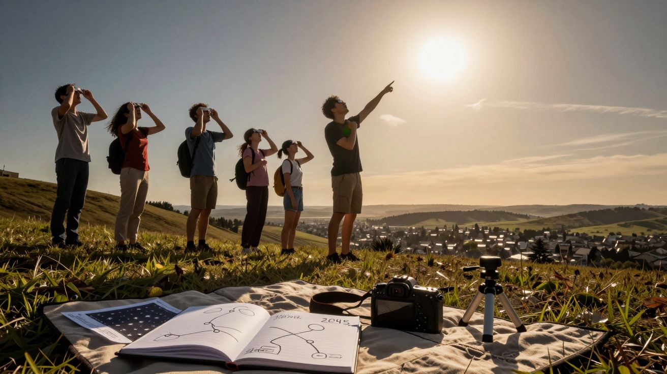 Grupo de seis pessoas a observar o céu com binóculos ao pôr do sol num campo com equipamento de astronomia.