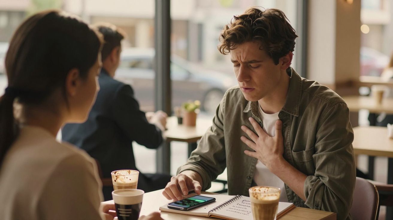 Jovem com dor no peito sentado num café com uma mulher, tentando usar um aplicativo no telemóvel.