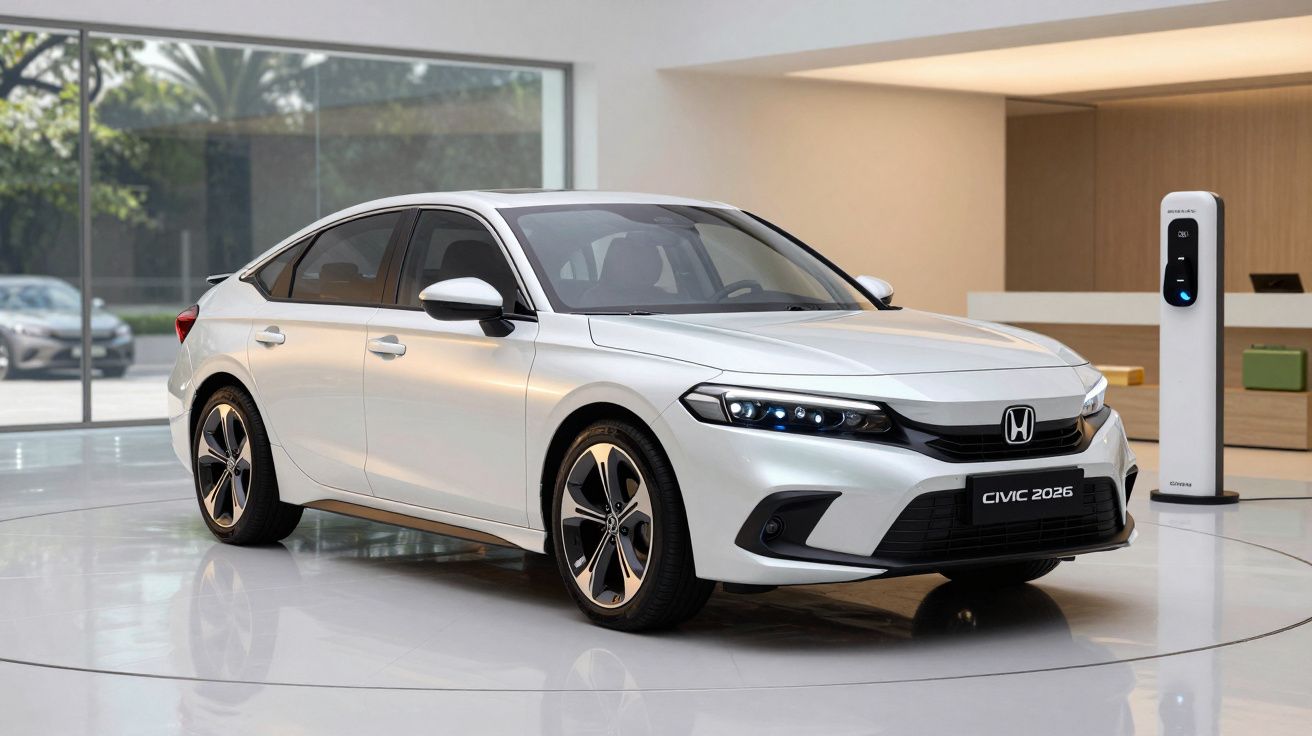 Automóvel Honda Civic 2026 branco estacionado numa sala moderna com carregador elétrico.