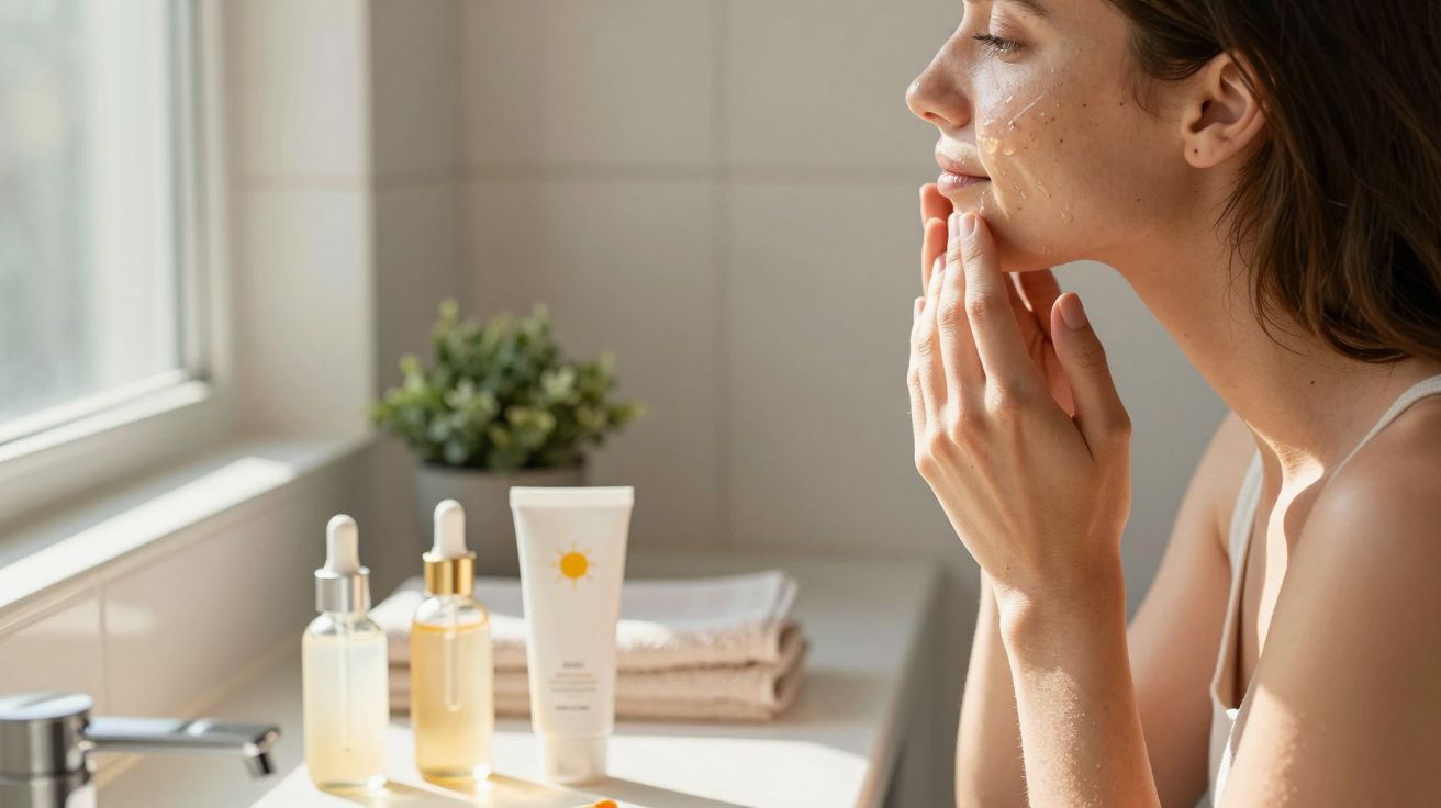 Mulher a aplicar creme facial junto a uma janela com frascos de produtos de cuidados de pele na bancada.