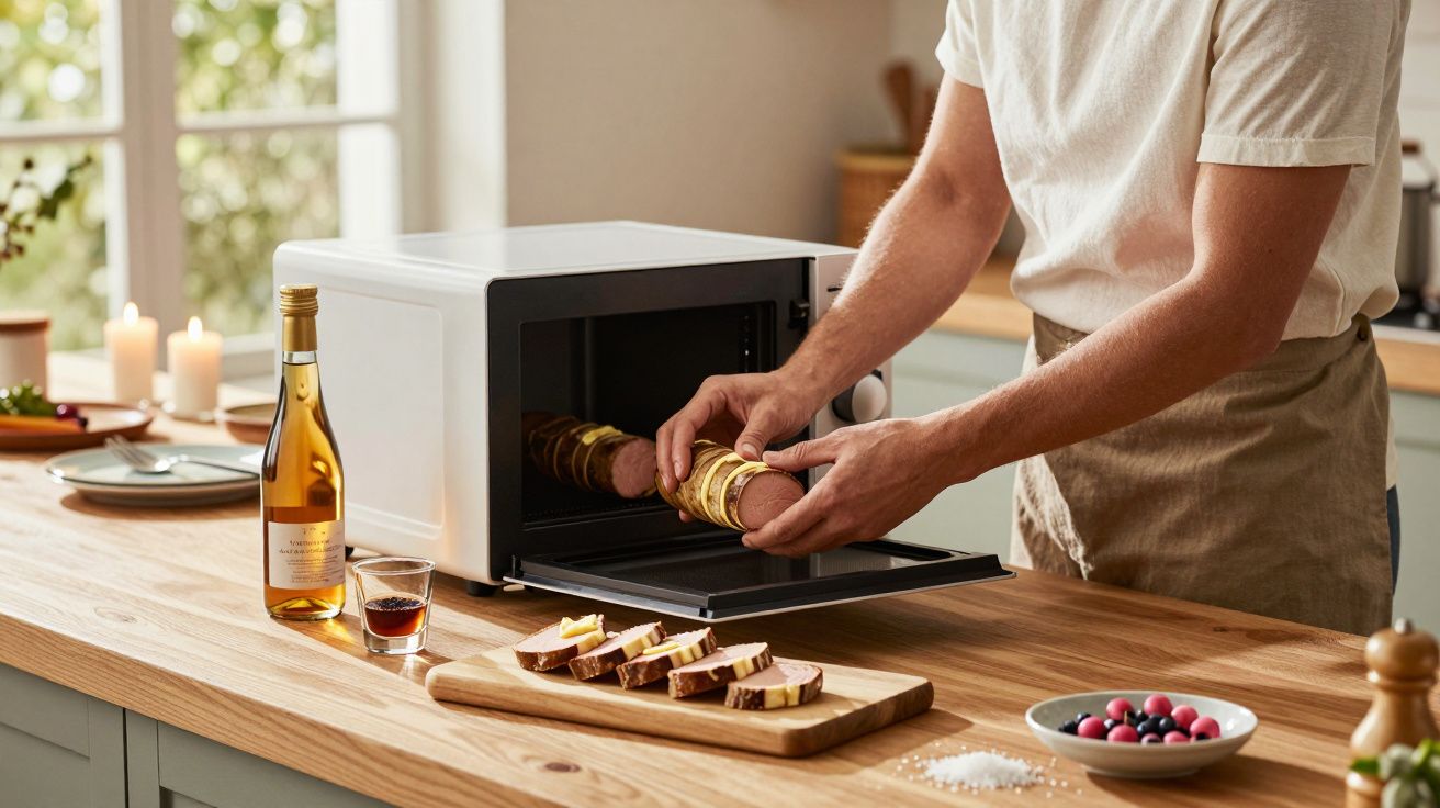 Pessoa a aquecer comida enlatada no micro-ondas numa cozinha com pão e bebidas na bancada.