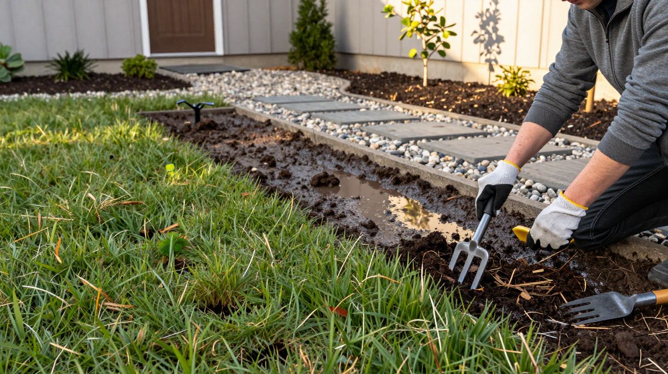 Pessoa a cavar e preparar canteiro para plantar flores perto de relva e caminho de pedras numa casa.