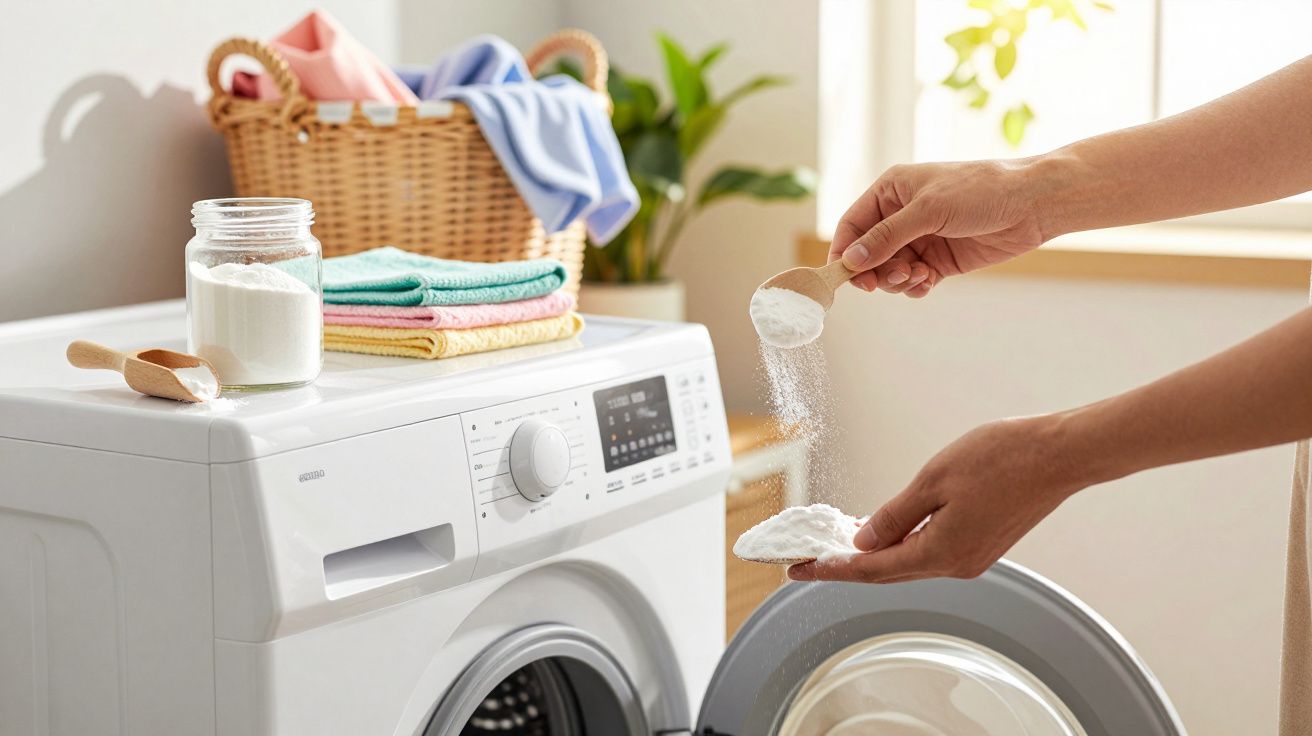 Mãos a colocar detergente em pó na máquina de lavar roupa com cesto de roupa e toalhas ao fundo.