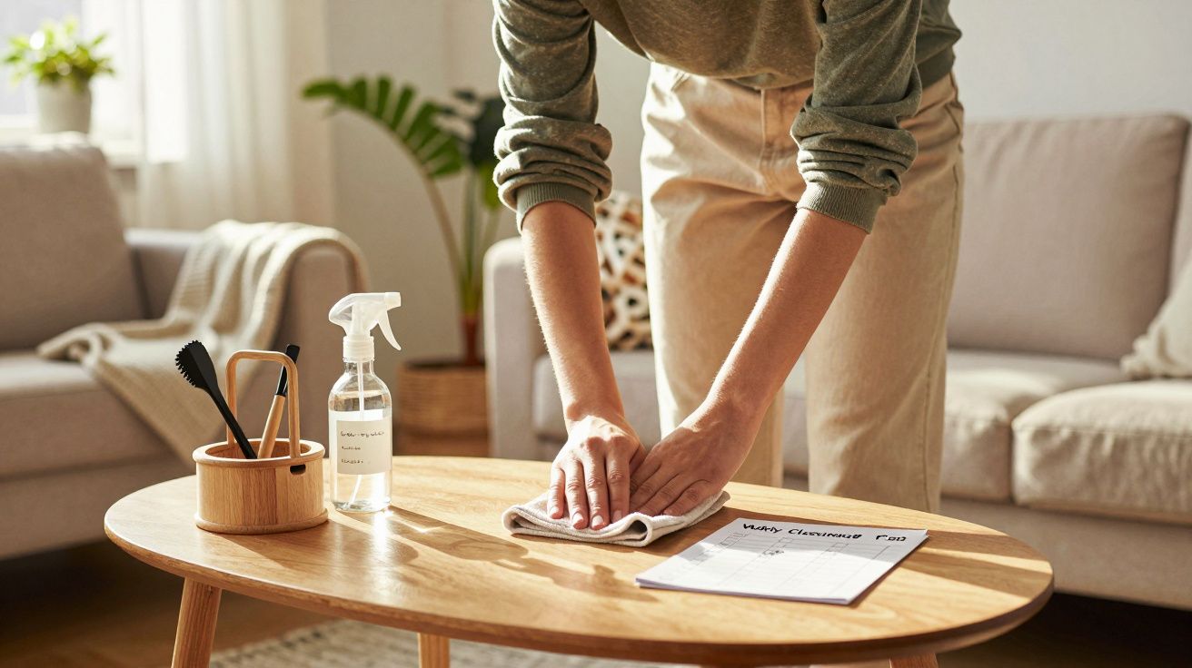 Pessoa a limpar mesa de madeira numa sala com sofá e plantas ao fundo.