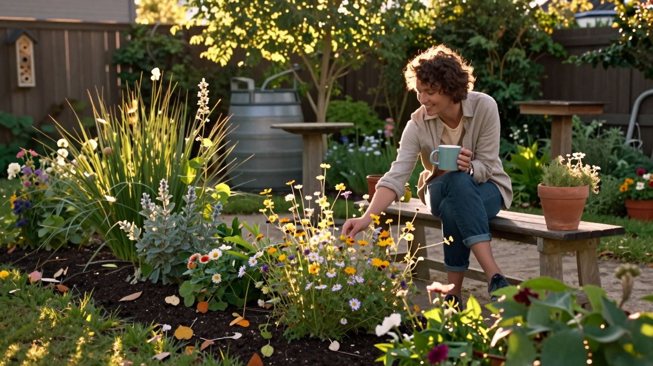 Mulher sorridente sentada num banco de jardim, a cuidar das flores com uma chávena na mão.