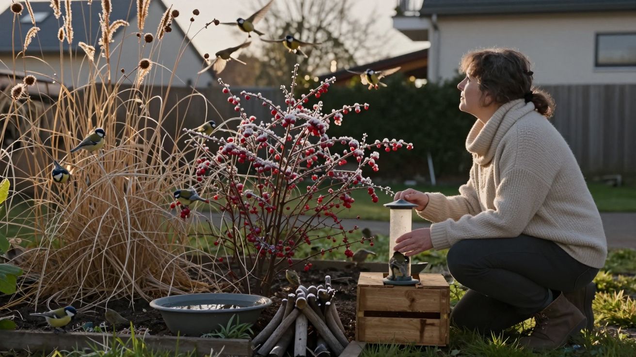 Pessoa alimenta pássaros junto a planta com bagas vermelhas num jardim residencial ao entardecer.