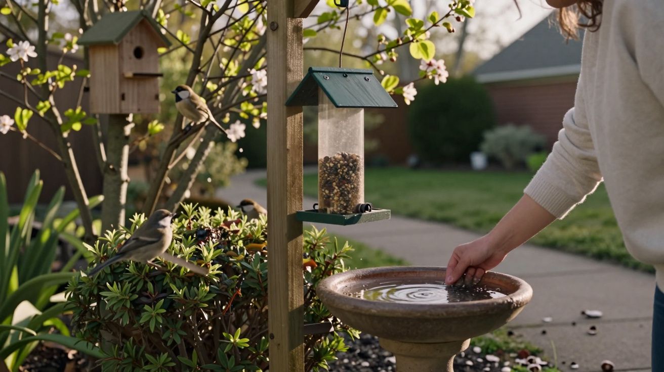 Pessoa a alimentar pássaros num jardim com comedouro e bebedouro para aves.