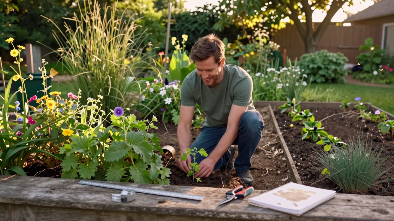 Homem a plantar mudas num canteiro florido de jardim durante o dia ensolarado.