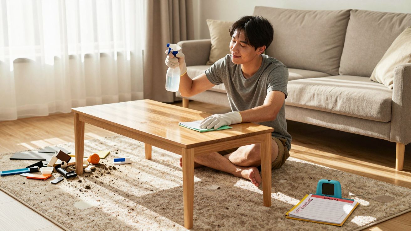 Homem sentado no chão a limpar mesa de madeira numa sala com sofá e terra espalhada no tapete.