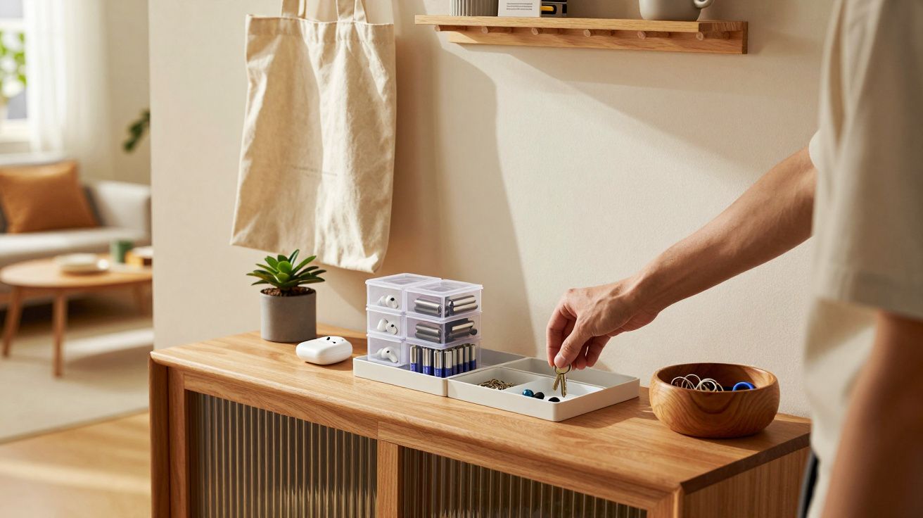 Pessoa a organizar pequenas peças numa caixa branca sobre móvel de madeira num ambiente iluminado e acolhedor.