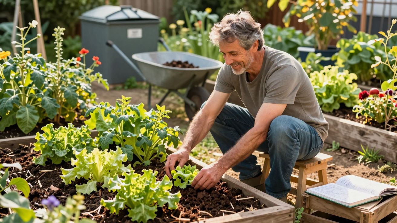 Homem adulto a cuidar de alfaces num jardim com plantas e livro aberto junto.