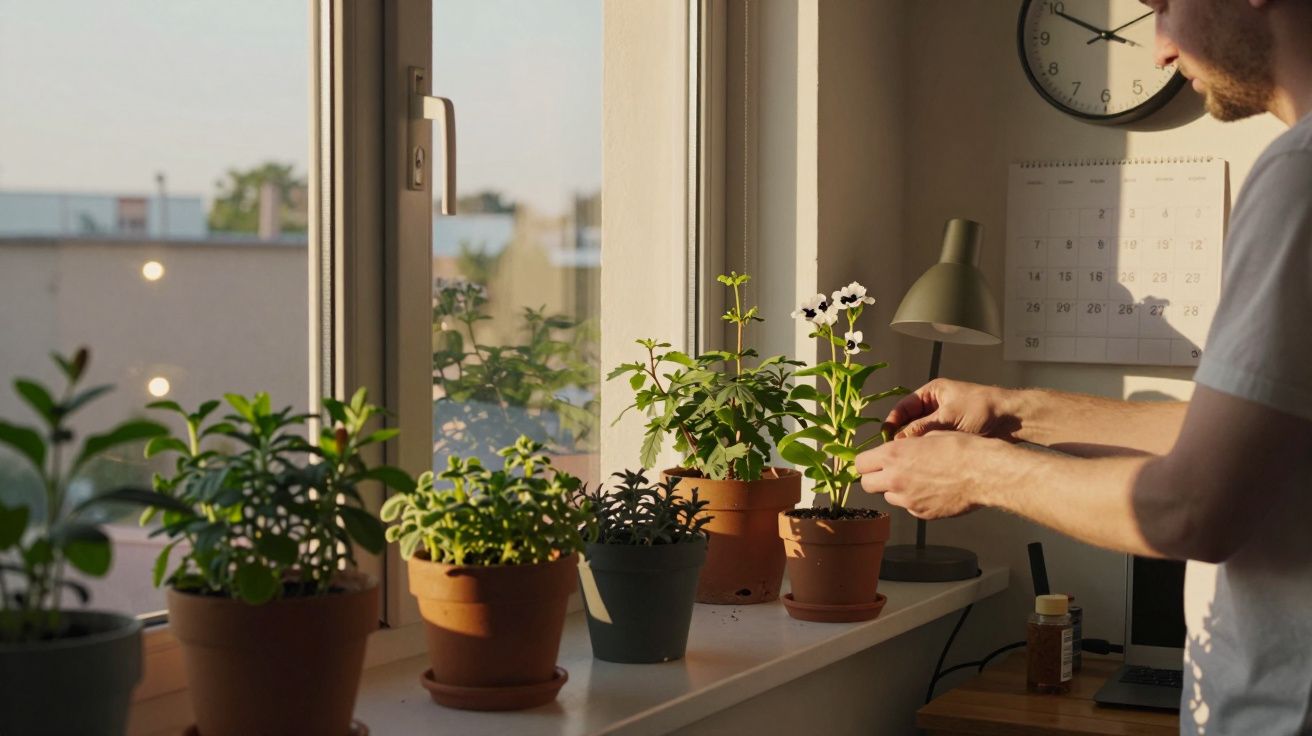 Homem a cuidar de plantas em vasos numa janela com luz natural ao fim da tarde.