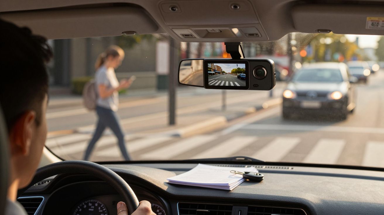 Condutor espera por peão atravessar passadeira numa rua movimentada com trânsito em foco.