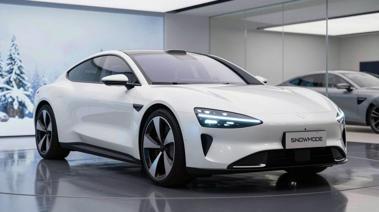 Carro elétrico branco modelo Snowmode exposto num salão moderno com chão reflexivo.