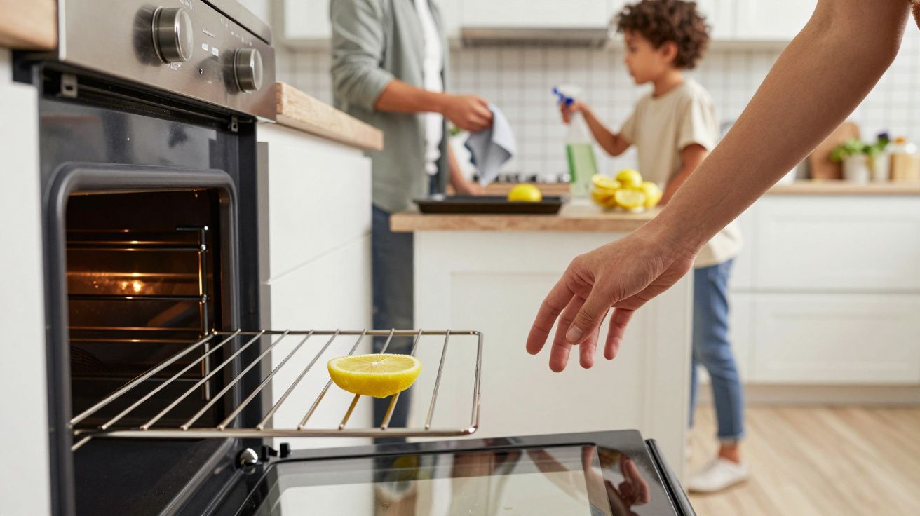 Cozinha com forno aberto a aquecer meio limão, mão a retirar e duas pessoas ao fundo na bancada.