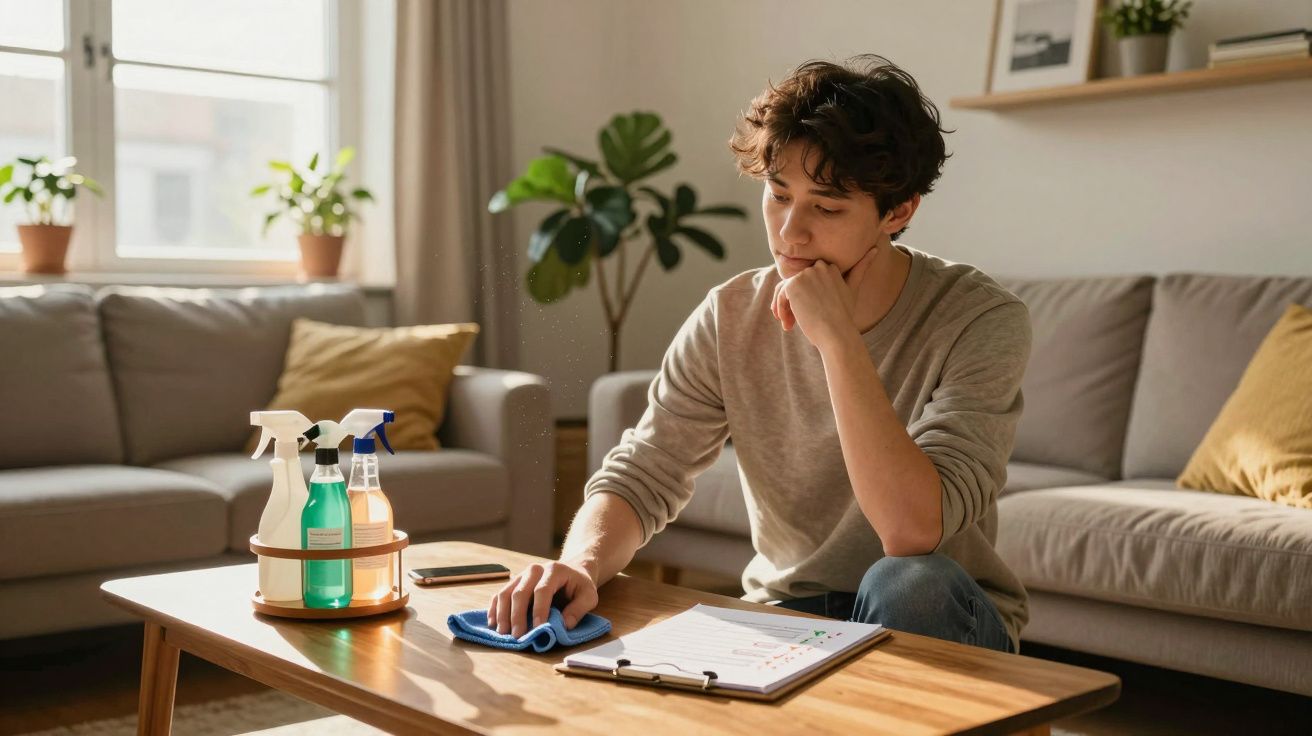 Jovem sentado a limpar uma mesa de madeira numa sala com sofá e plantas, concentrado num caderno.