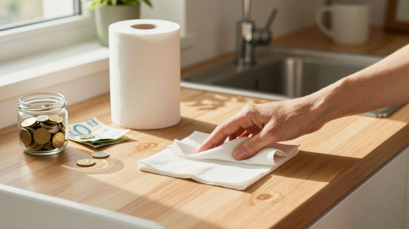 Mão a limpar bancada de cozinha em madeira com pano branco, ao lado de jarra com moedas e notas euro e rolo de papel.