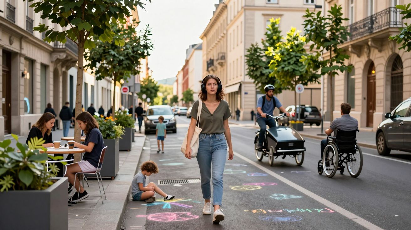 Rua urbana com pessoas, uma mulher a caminhar, criança a desenhar com giz e ciclista ao fundo em ambiente citadino.