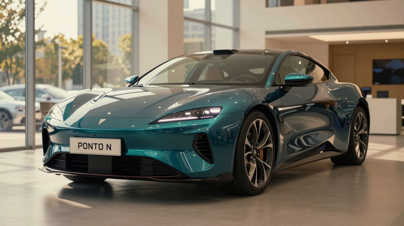 Carro desportivo elétrico verde azul exposto num showroom moderno com luz natural e pisos claros.