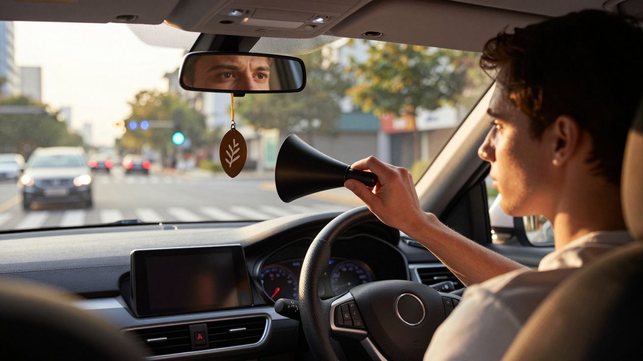 Homem dentro de carro segurando e a usar buzina no trânsito da cidade ao entardecer.