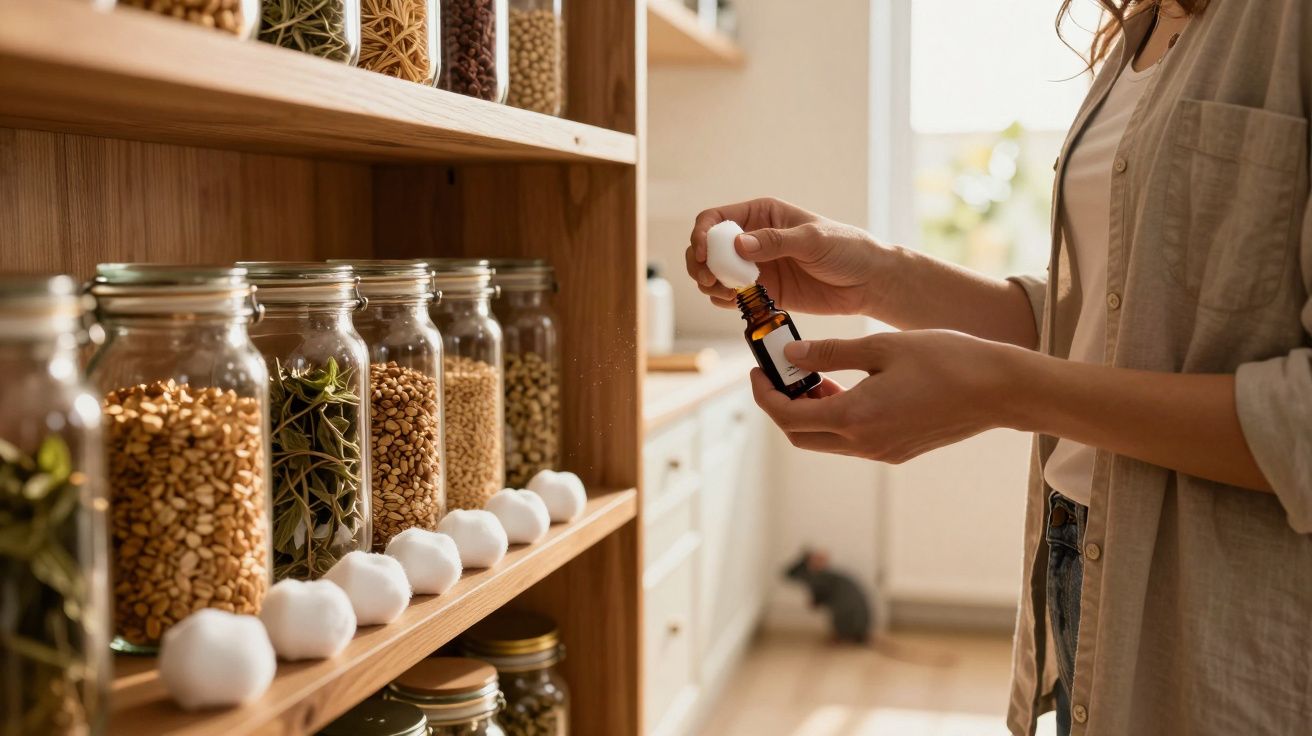Mãos de mulher a usar algodão para aplicar óleo essencial, com frascos de sementes em prateleira de cozinha.