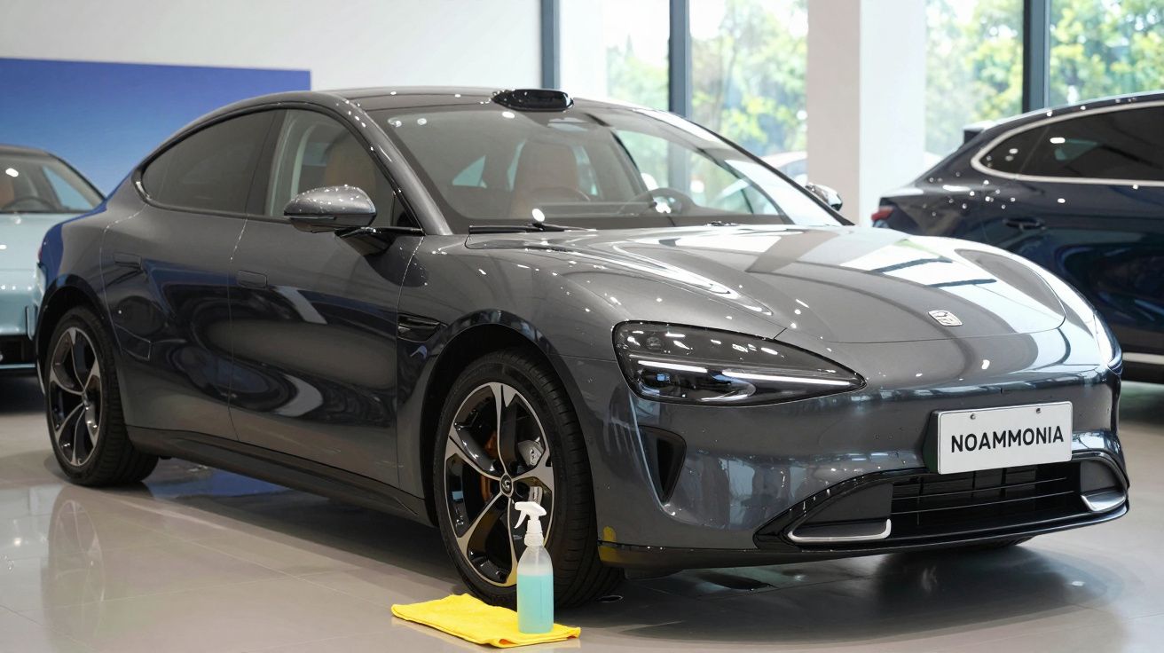 Carro elétrico cinzento escuro, moderno, estacionado numa showroom com frasco de limpeza e pano amarelo junto à roda.