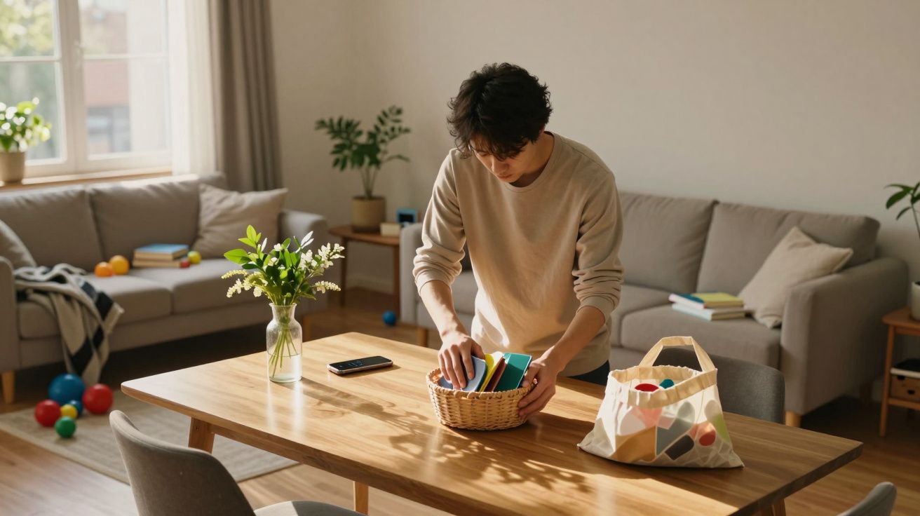 Jovem organiza livros numa cesta sobre uma mesa de madeira numa sala de estar com sofá e plantas.