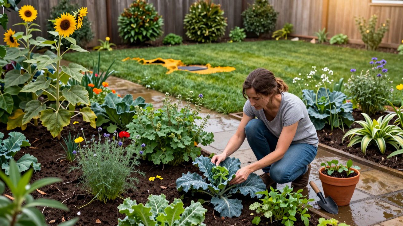 Mulher a cuidar de plantas num jardim florido com girassóis e várias outras plantas verdes.